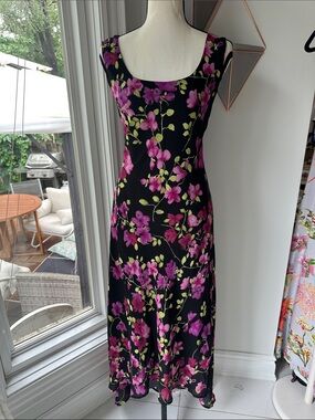 VINTAGE 90s Bias Cut Floral Scoop Neck Black Pink Maxi Dress Ruffle Hem Sz 12